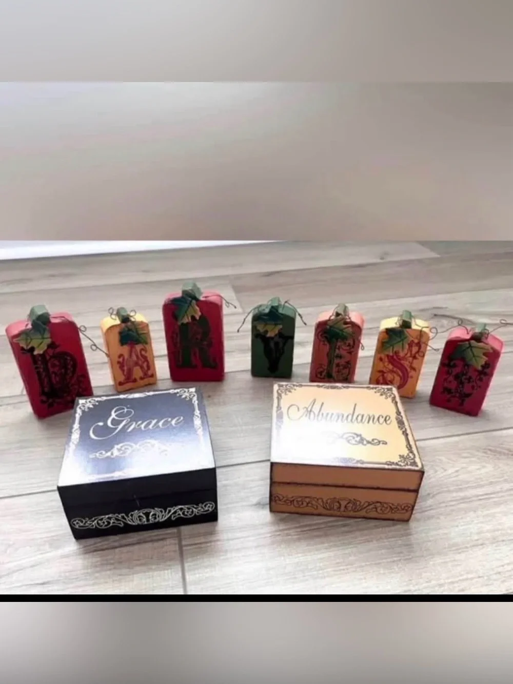 Fall Bundle of Wood “HARVEST” Letters, & Two Wood “Grace” “Abundance” Boxes